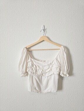 Abercrombie Linen Blend Puff Sleeve Ruched Crop Top S